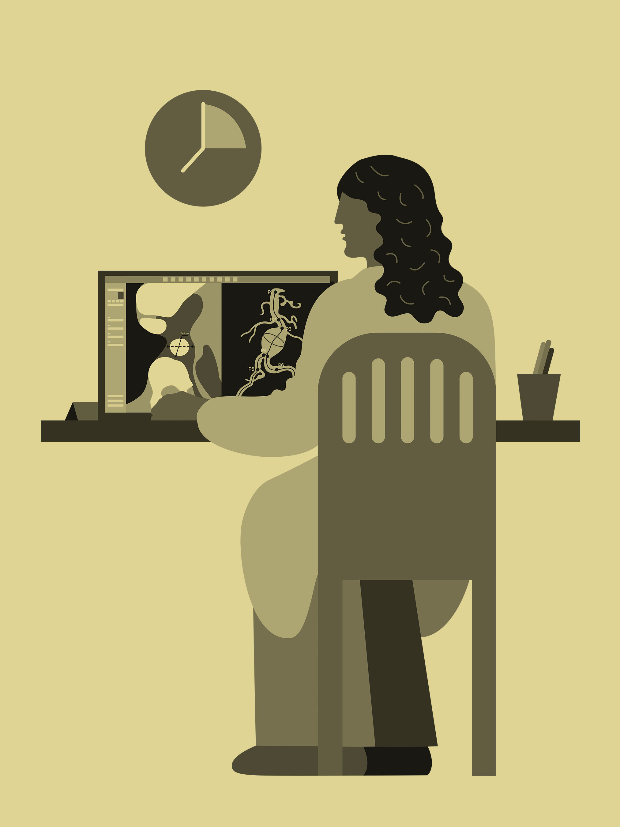 Illustration: Person sitting in front of a screen with cardiovascular case planning software.